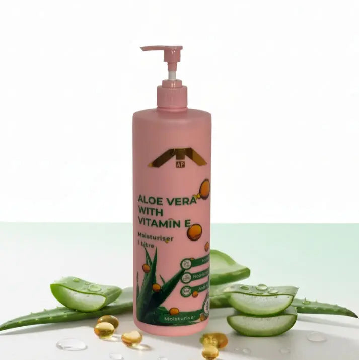 “All People Aloe Vera with Vitamin E Moisturiser bottle with pump, surrounded by fresh aloe slices and vitamin E capsules on a clean white background.”