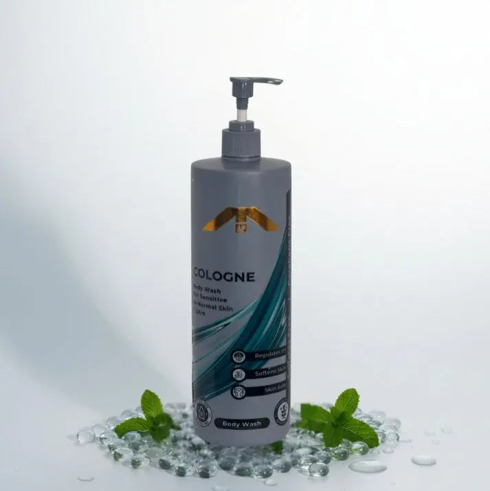 “All People Cologne Body Wash bottle with pump, placed on clear gel beads with mint leaves on a clean white background.”