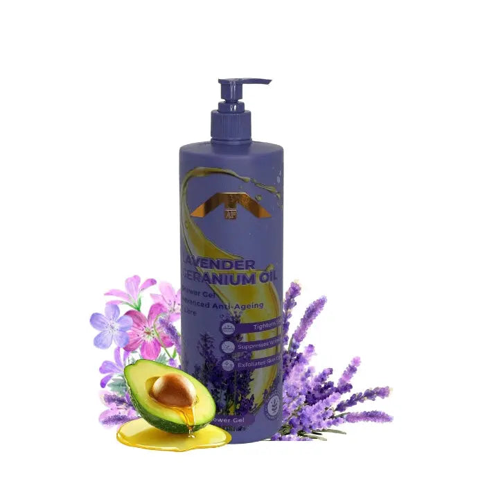 All People Lavender & Geranium Oil Shower Gel bottle with pump, displayed with lavender flowers and avocado oil on a clean white background.”