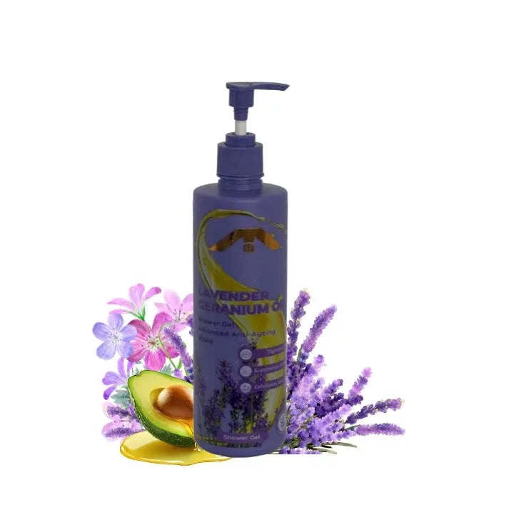 “All People Lavender & Geranium Oil Shower Gel bottle with pump, placed among lavender flowers and avocado oil on a white backdrop.”