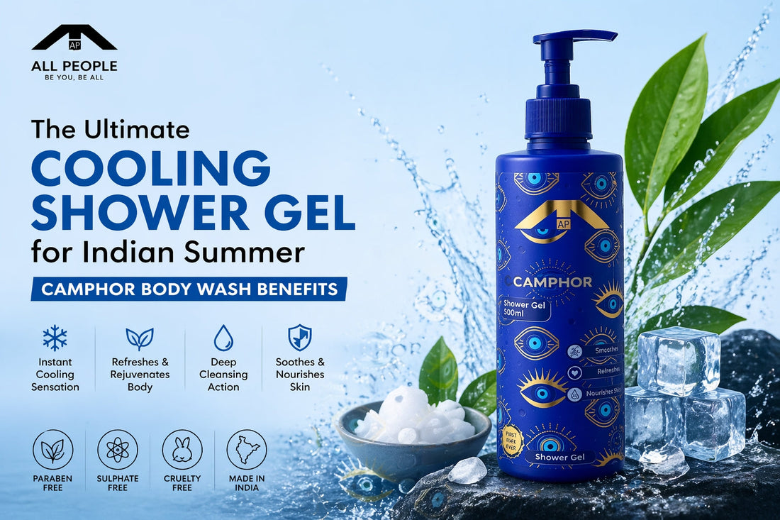 Camphor shower gel bottle with cooling water splash and ice effect for Indian summer skincare