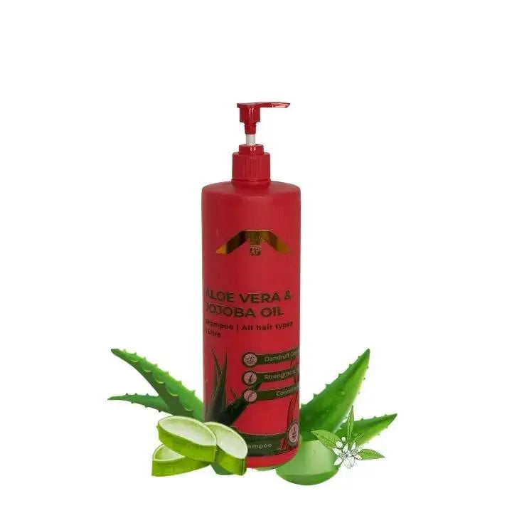 “All People Aloe Vera & Jojoba Oil Shampoo bottle with pump, displayed with fresh aloe slices and jojoba elements on a clean white background.”