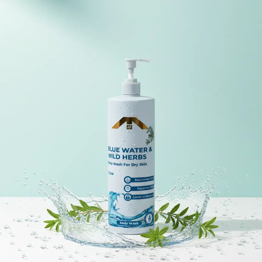 “All People Blue Water & Wild Herbs Body Wash bottle with pump, set in a water splash with green herb leaves on a light aqua background.”