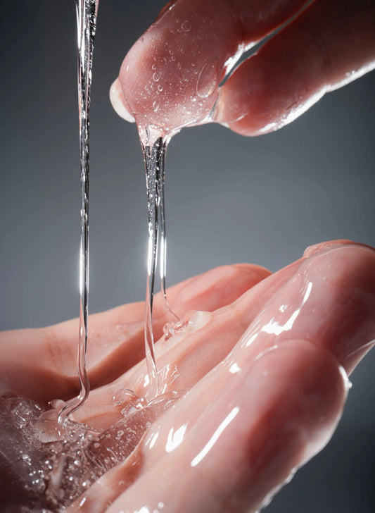 “Close-up of clear shower gel stretching between fingers and palm, showing its thick, viscous texture on skin against a soft grey background.”