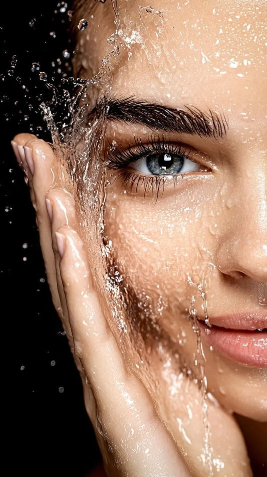 “Close-up of a person splashing water on their face, showing fresh wet skin and a hand gently pressing the cheek during a cleansing routine.”