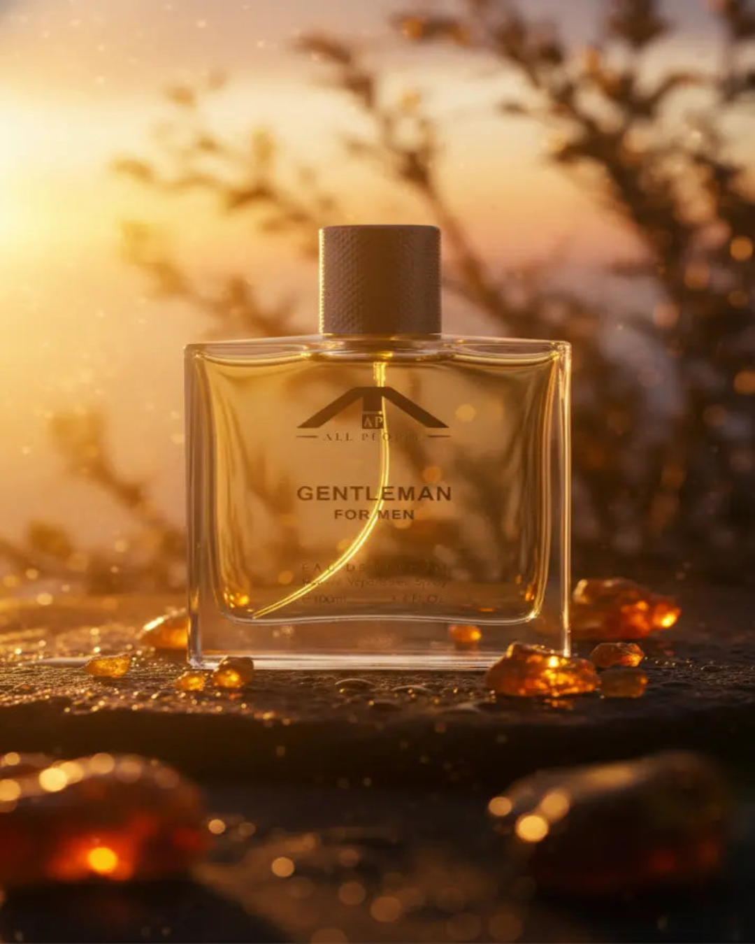Perfume bottle labeled 'Gentleman for Men' on a textured surface with a blurred natural background