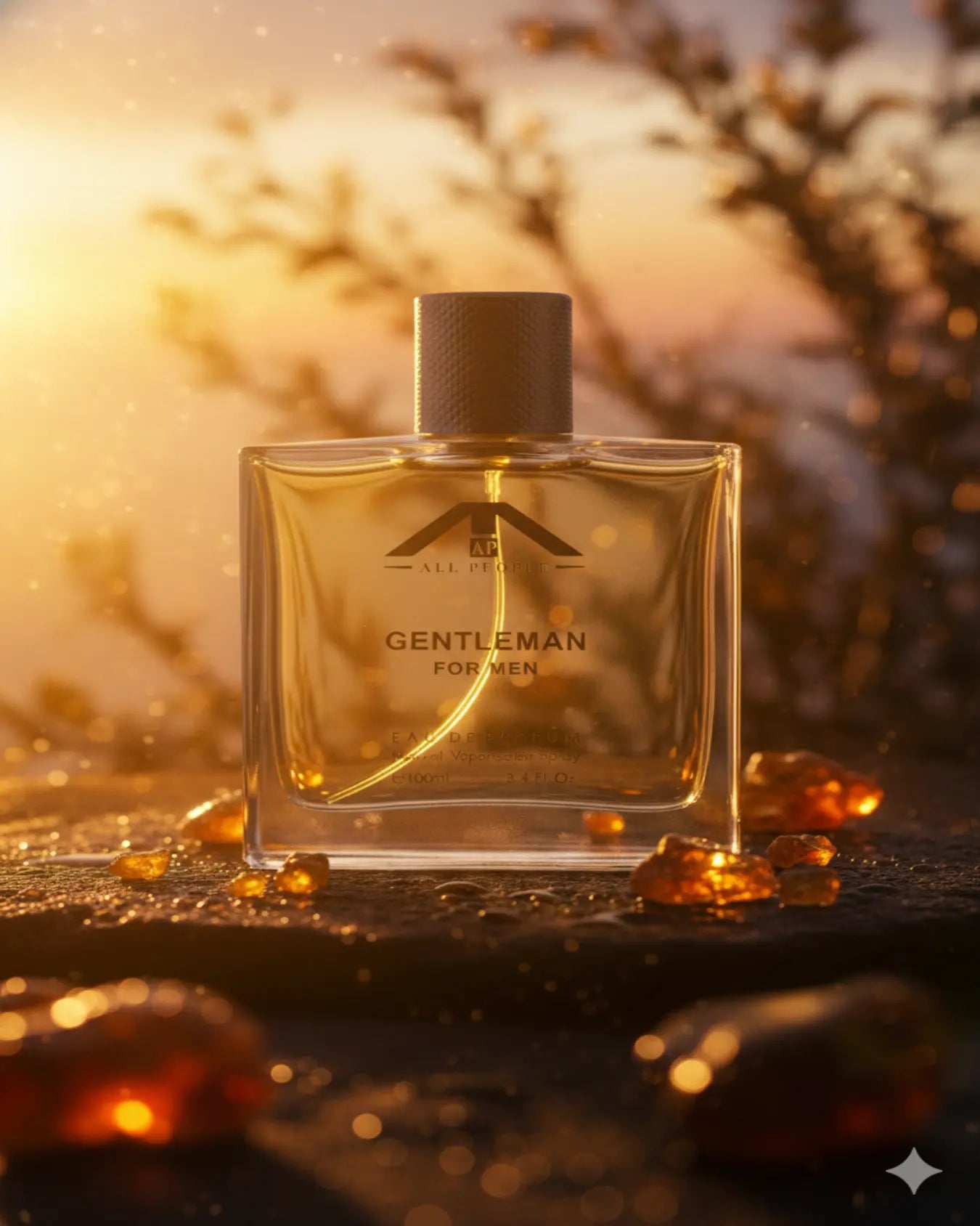 “All People ‘Gentleman’ perfume for men, displayed in a clear glass bottle with warm amber lighting and resin-like droplets on a textured surface at sunset.”