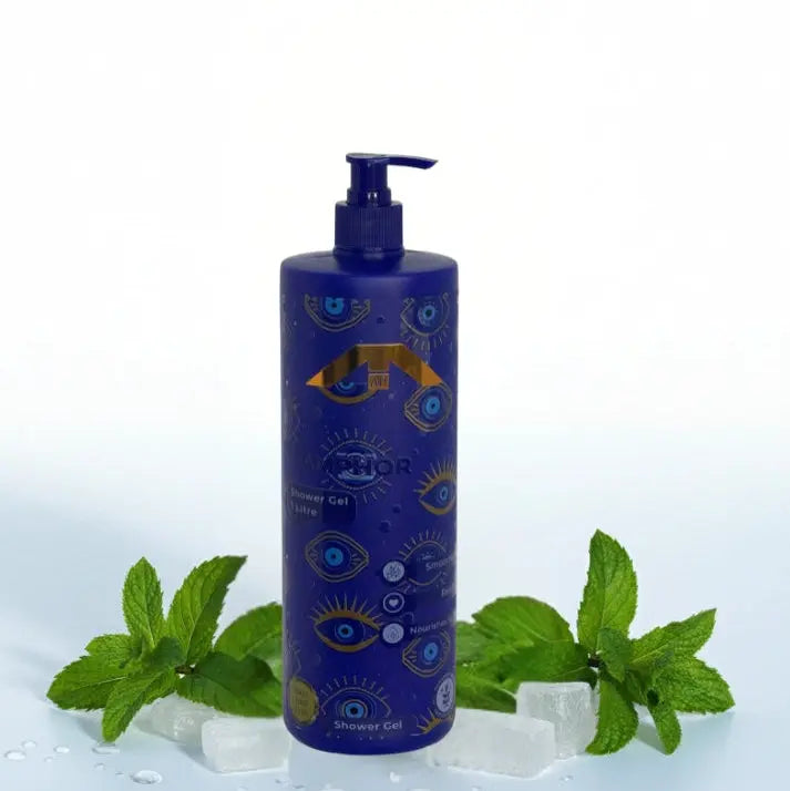 “All People Menthol Shower Gel bottle with pump, placed on ice cubes with fresh mint leaves on a clean white background.”