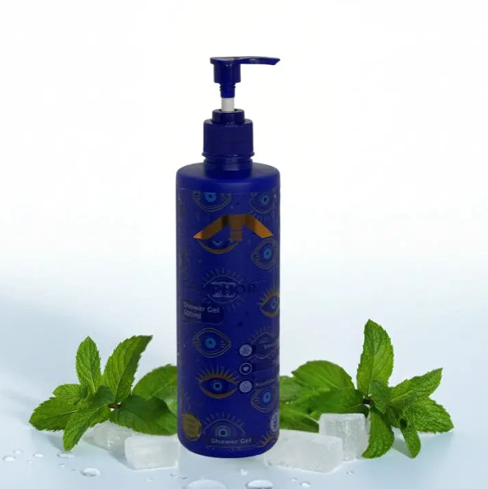 “All People Menthol Shower Gel bottle with pump, surrounded by mint leaves and ice cubes on a bright white background.”