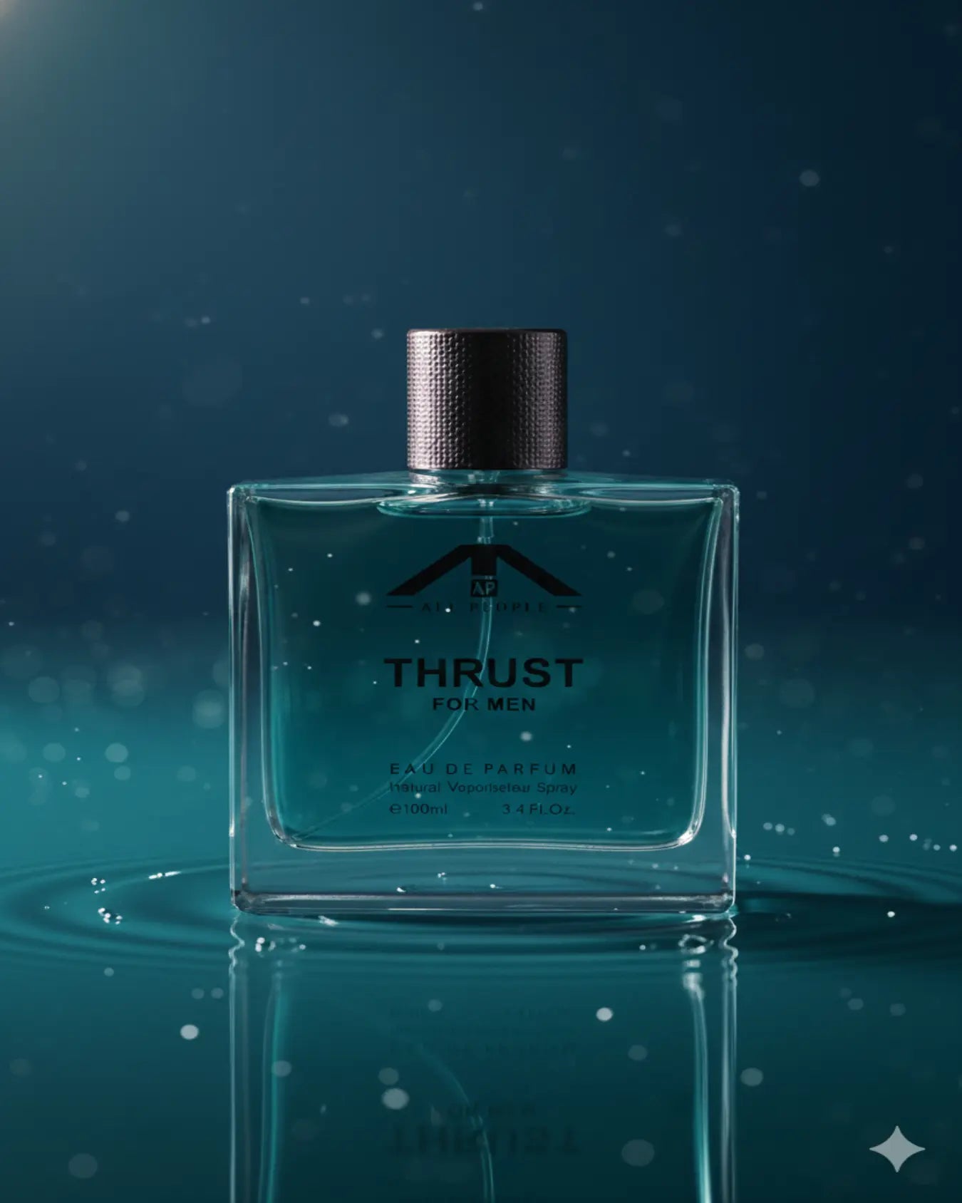 “All People ‘Thrust’ perfume for men in a clear teal glass bottle, photographed with water ripples and soft blue lighting for an aquatic, premium look.”