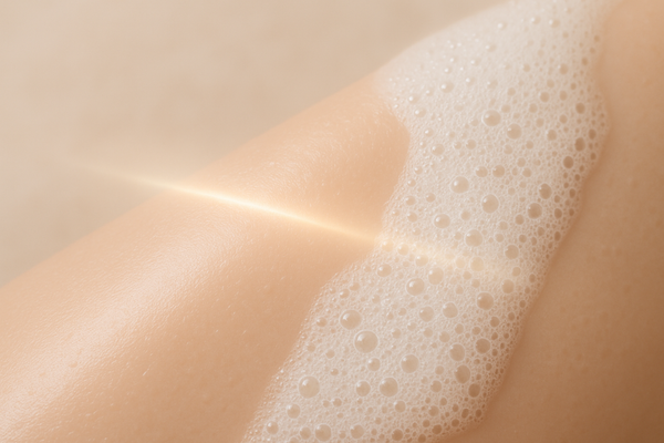 Foamy soap lather on a person's skin with a soft beige background