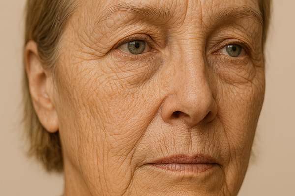 Close-up of an elderly woman's face with a neutral expression on a beige background