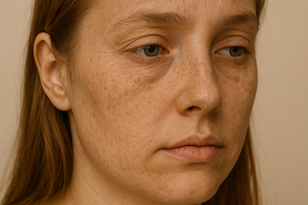 Close-up of a woman's face with visible skin texture on a beige background