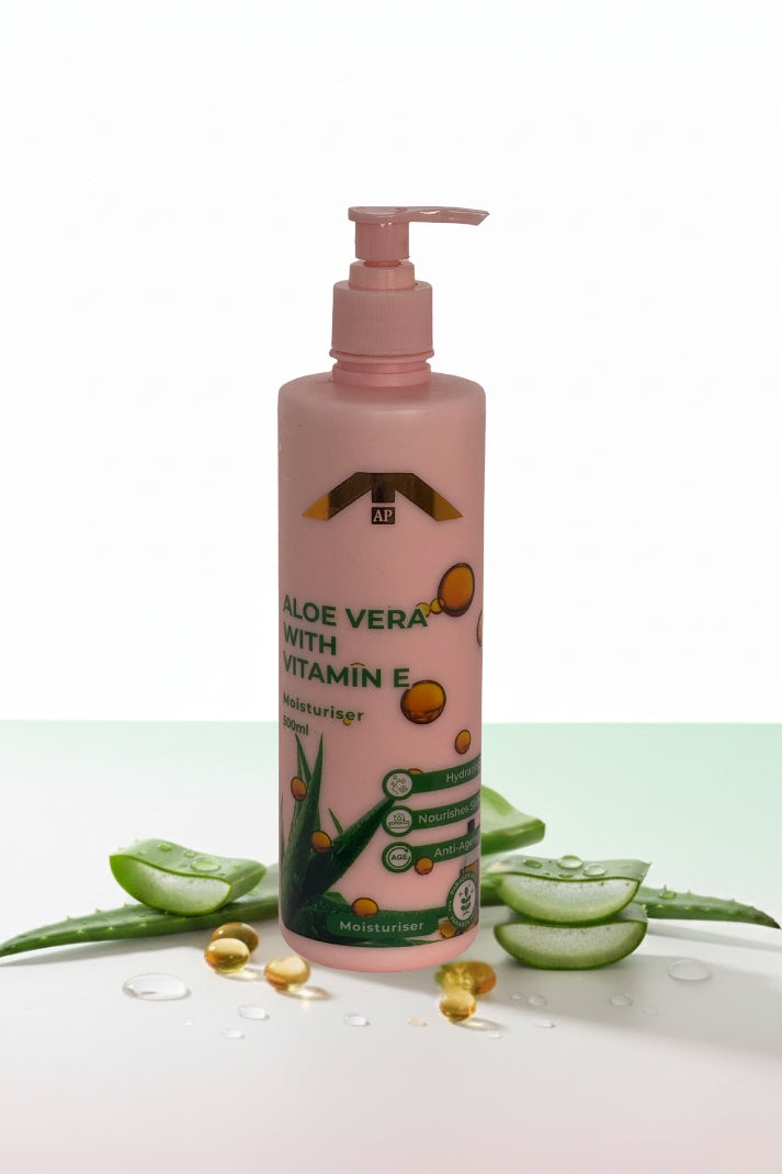 All People Aloe Vera with Vitamin E moisturiser — pink pump bottle with aloe slices and vitamin capsules on a clean white and mint background.
