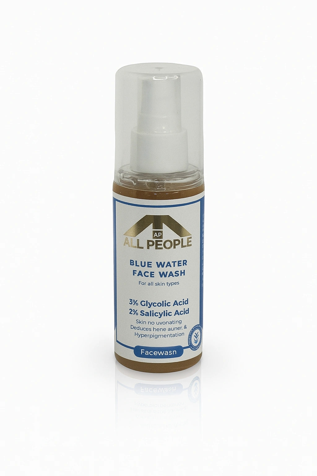 “All People Blue Water Face Wash bottle with glycolic and salicylic acid displayed on a white background.”