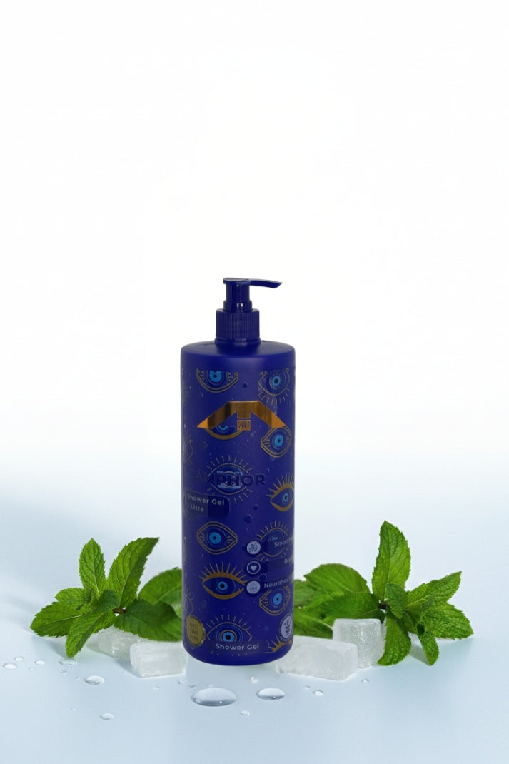 Blue bottle with a pump on a white background with mint leaves