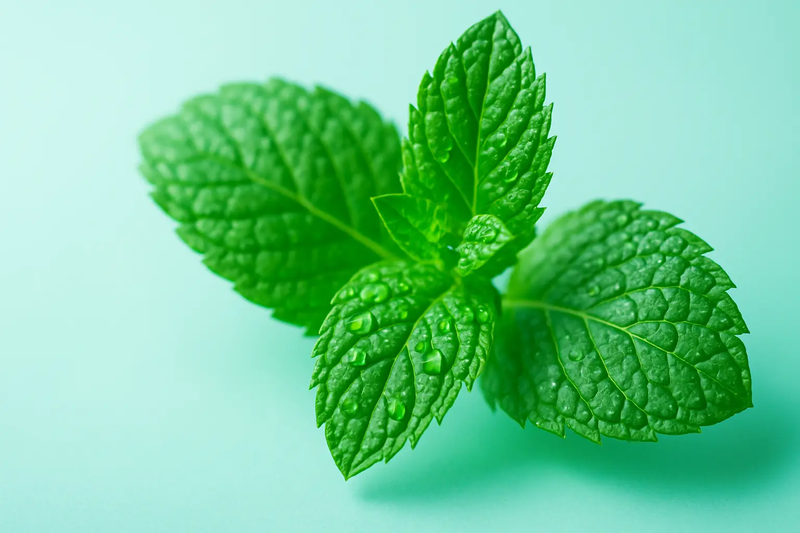 Close-up of green mint leaves on a light blue background