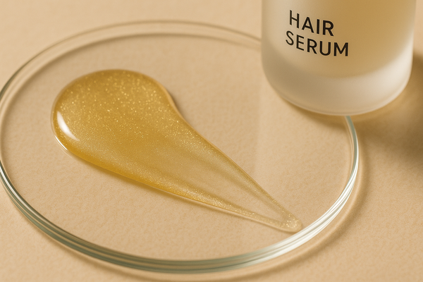 Hair serum droplet on a beige background with a bottle labeled 'Hair Serum'.