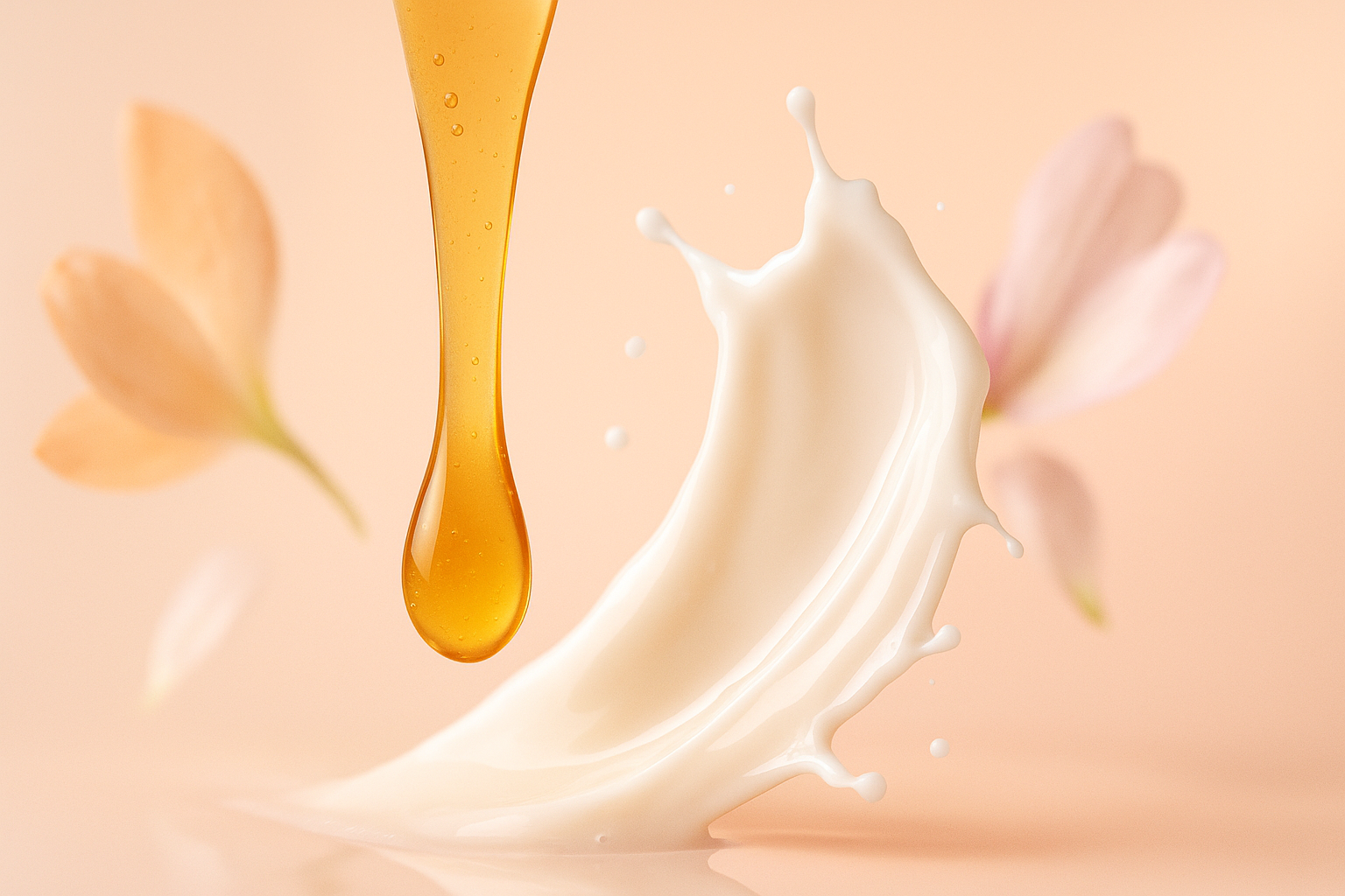 Orange liquid being poured into a white liquid against a beige background